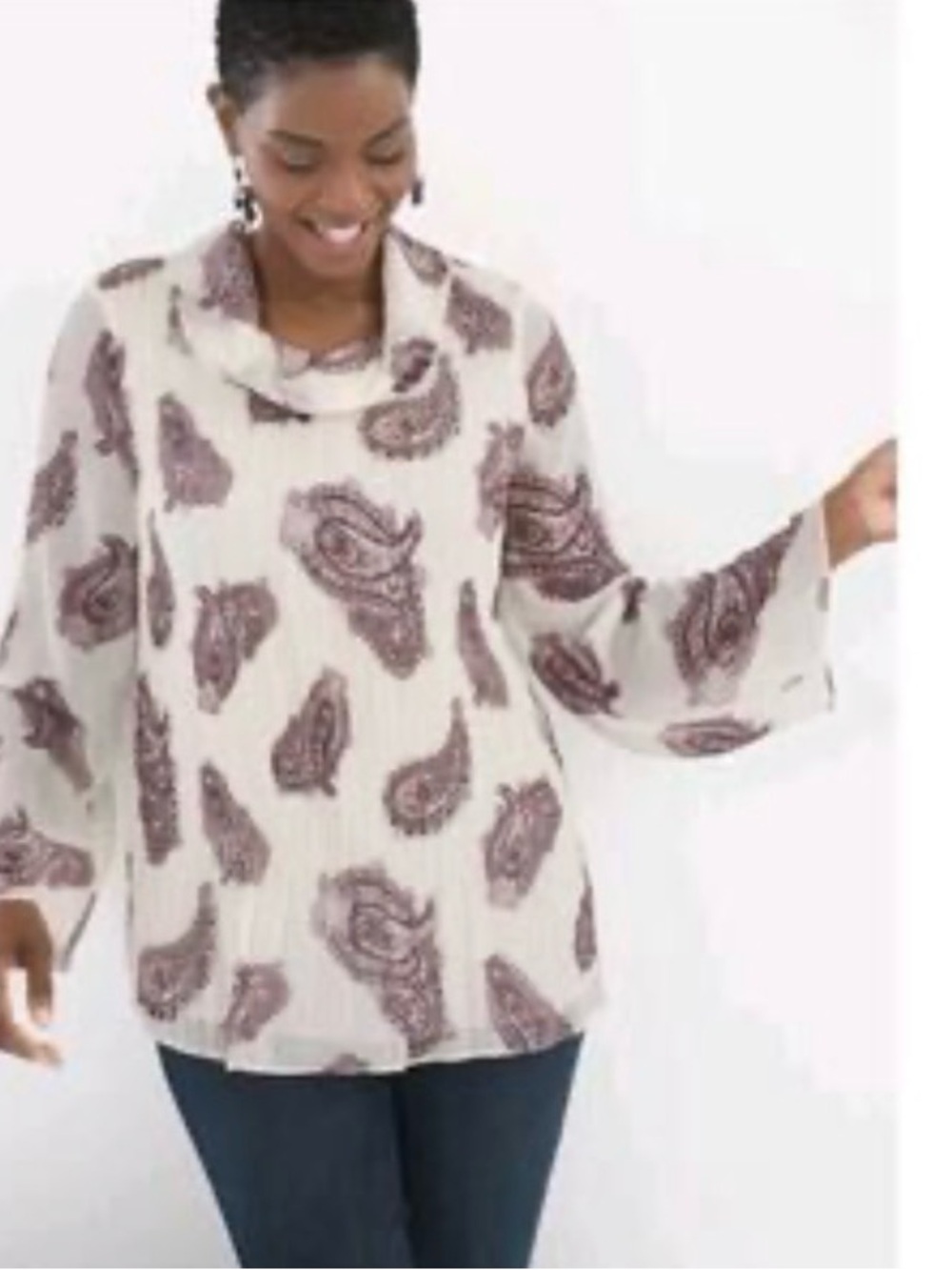 Chico's Cream Paisley Pleated Blouse Cowl Neck Popover 12/14 large petite
